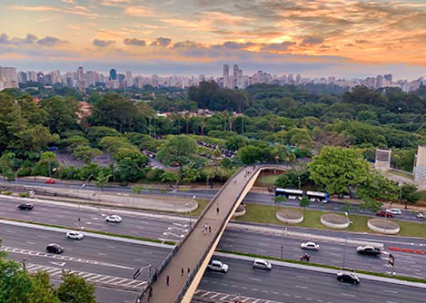 Ibirapuera Park and an adjacent road, with the Sao Paulo skyline visible in the distance.
