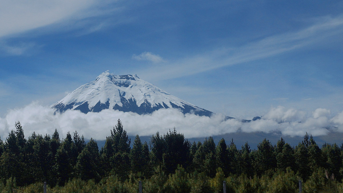 The snow-capped Cotopaxi Volcano has a lush national park surrounding the peak. 