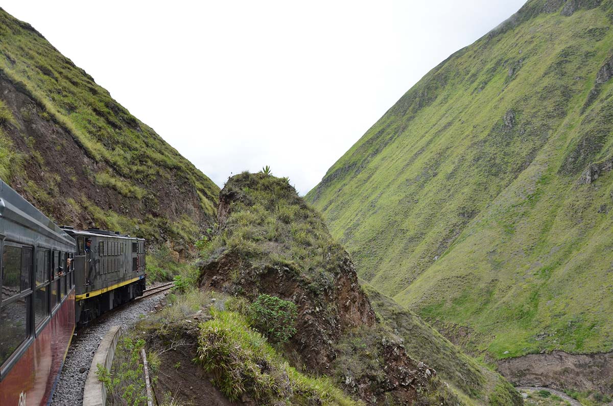 The Devil's Nose train in Ecuador running on a train track connecting Riobamba with Alausi.