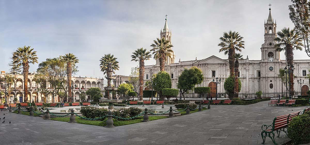 Buildings made from white volcanic stone make up Arequipa's main plaza, the Plaza de Armas.