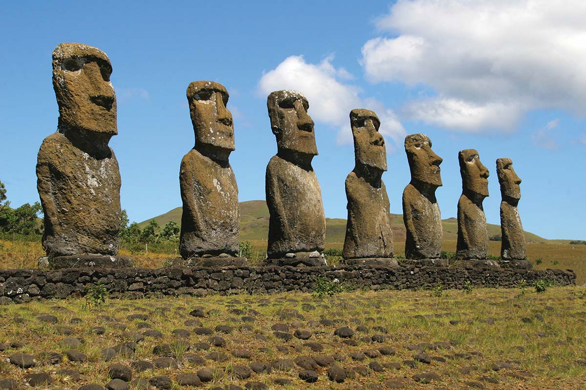 Six humanoid moais, or statues, of Easter Island.