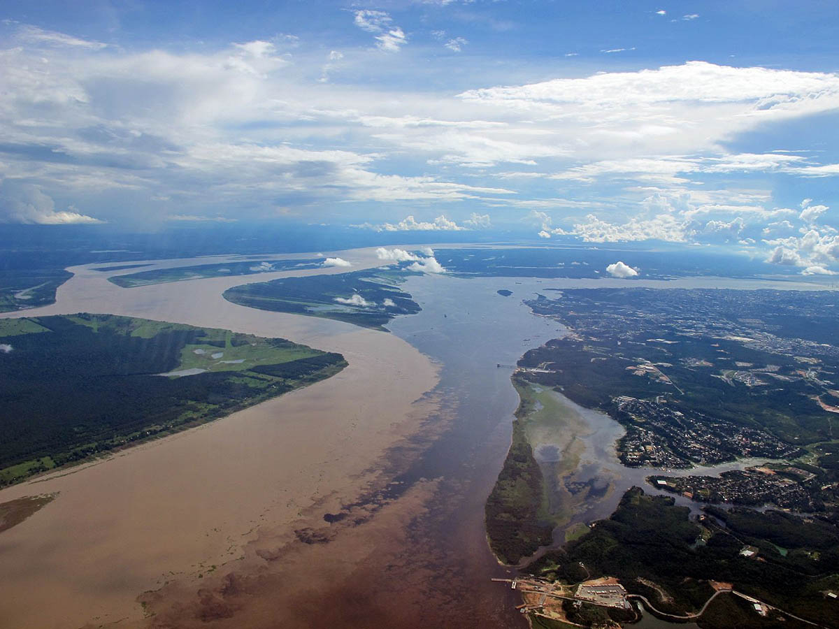 Two rivers in the Amazon combine to one, but do not mix at the Meeting of the Waters.