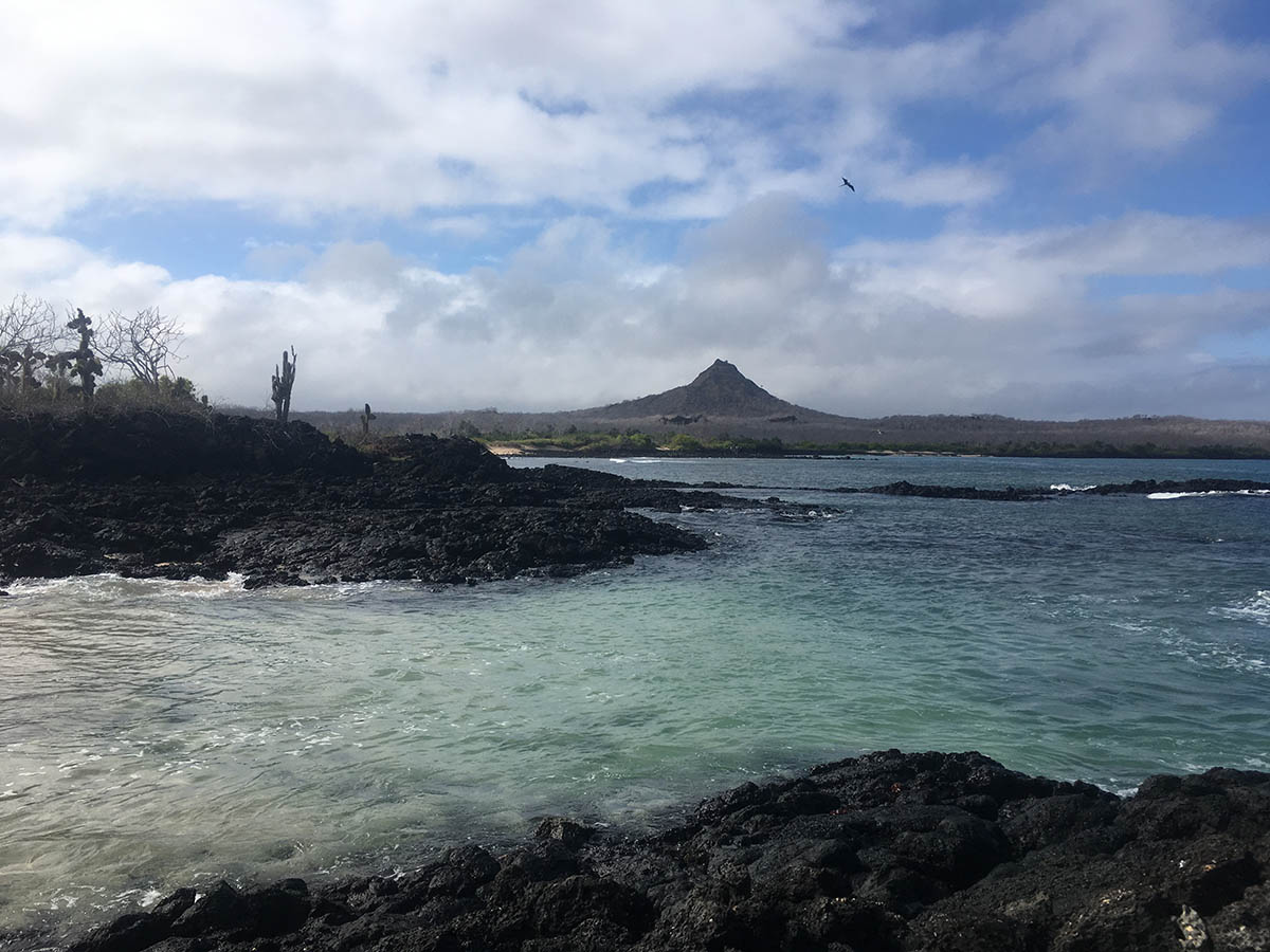 Black rocky shores lead to clear blue water with a tall black peak in the distance.