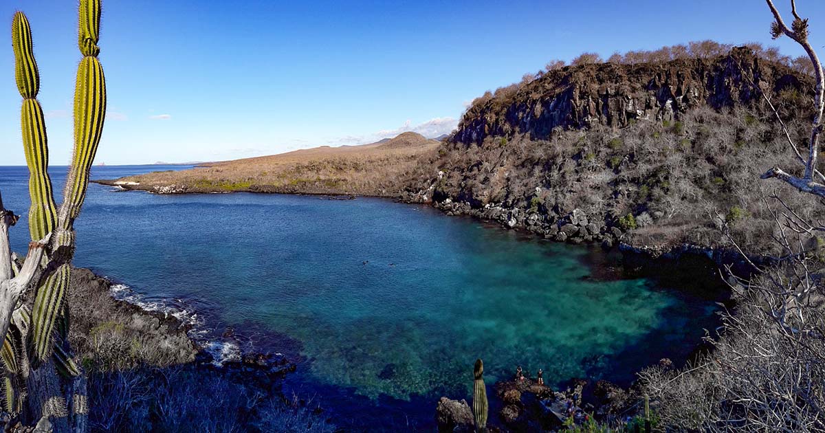 The turquoise bay and sea vistas on the trail to the top of Cerro Tijeretas on San Cristobal Island.