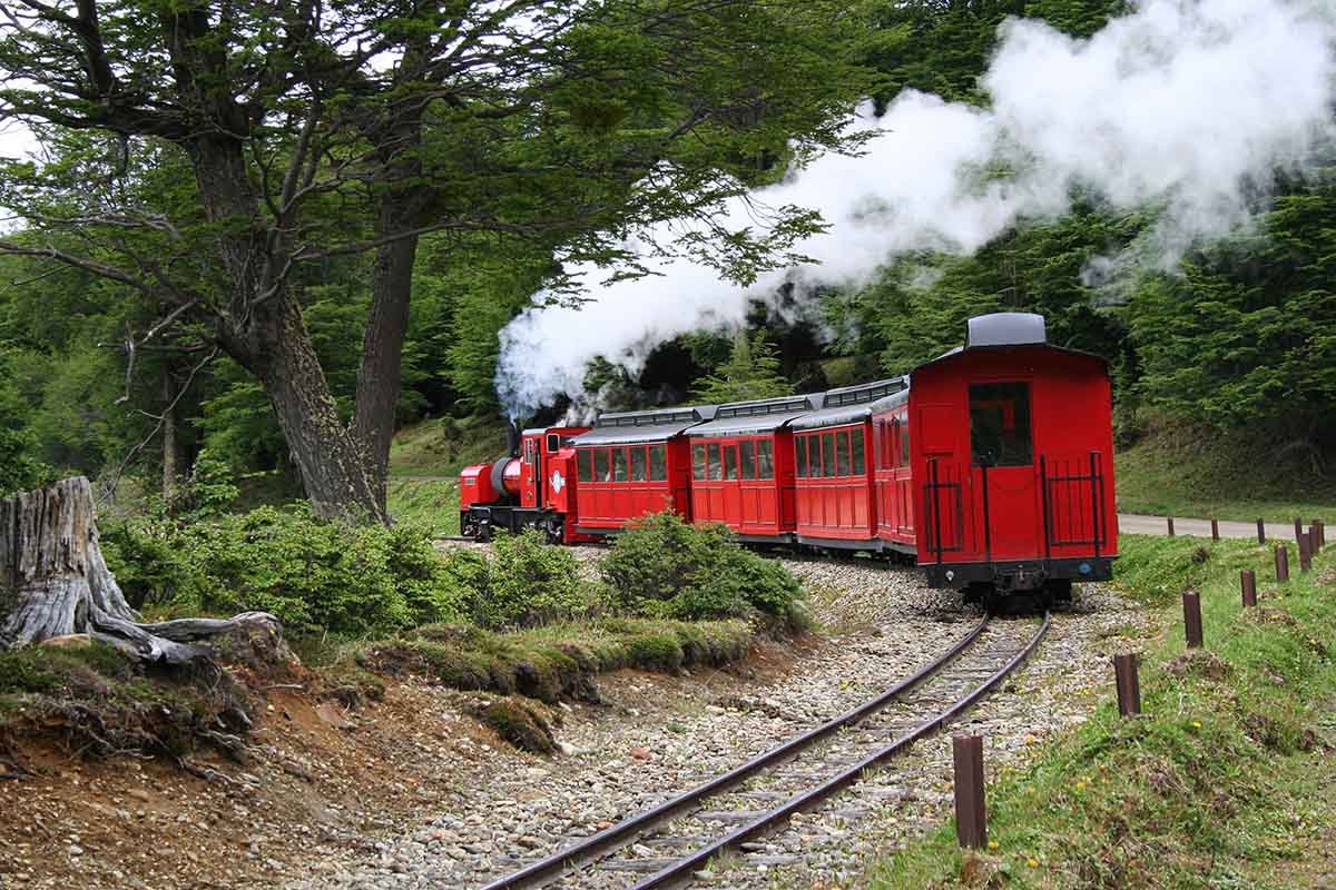 The red End of the World Train chugs through green forest as its smoke trails behind.