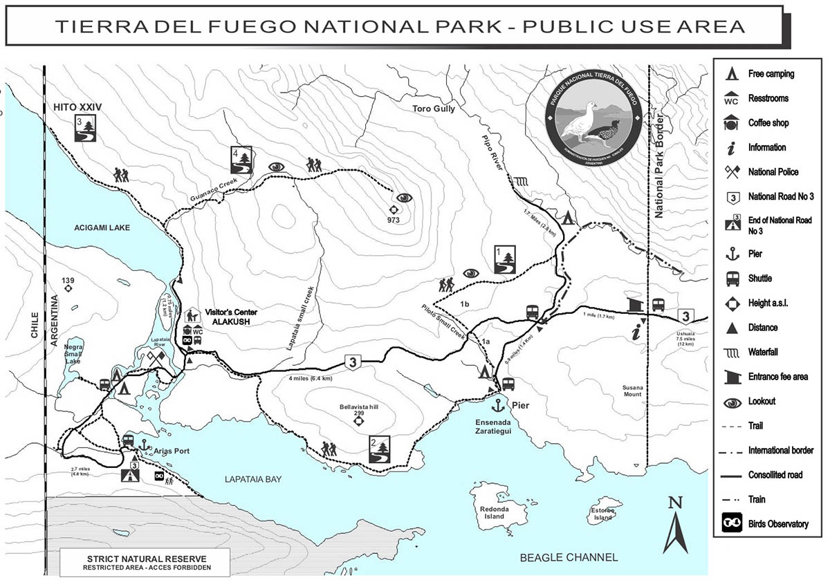 A map of Tierra del Fuego National Park with marked hiking trails, campsites, ports, etc.