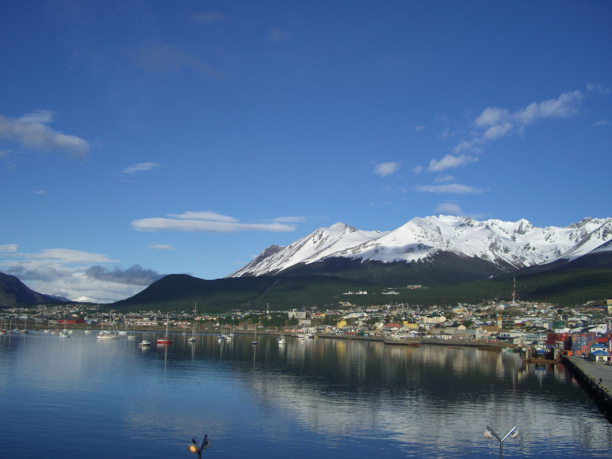 The Argentinian town Ushuaia sits between the Beagle Channel and snow-capped mountains.