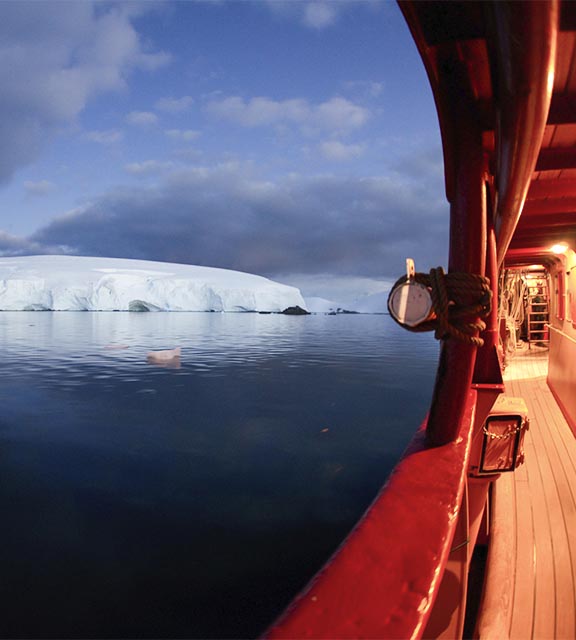 An antarctic glacier as seen from the bottom deck of a ship navigating the Southern Ocean.