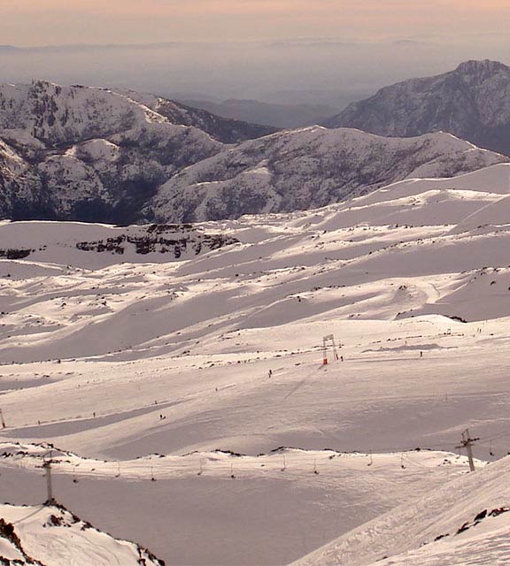 Snow-covered ski slopes in Chillan, one of South America's best ski resort towns.