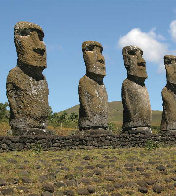 A set of the mysterious monolithic human figures known as moais on Easter Island.