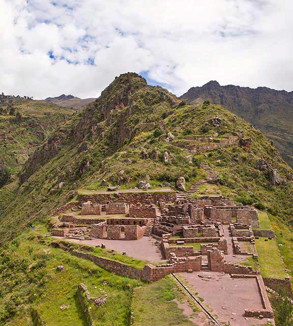 The hillside sun temple at Pisac, one of the many impressive Inca ruins in the Sacred Valley.