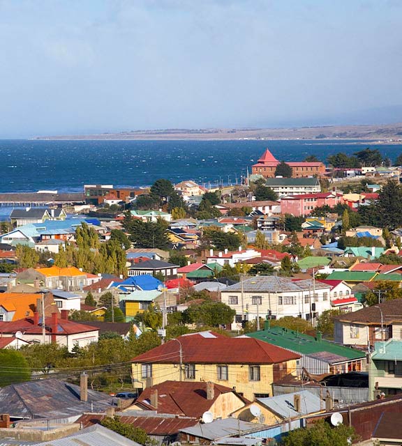 Rooftops of houses in Punta Arenas, a town in southern Chile overlooking the Straits of Magellan.