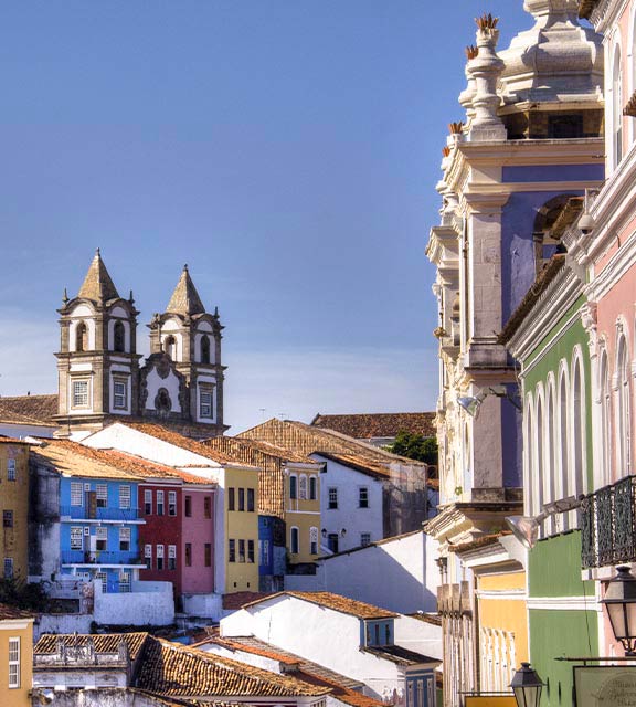 Colorful houses and colonial architecture in the historic center of Salvador, Bahia.