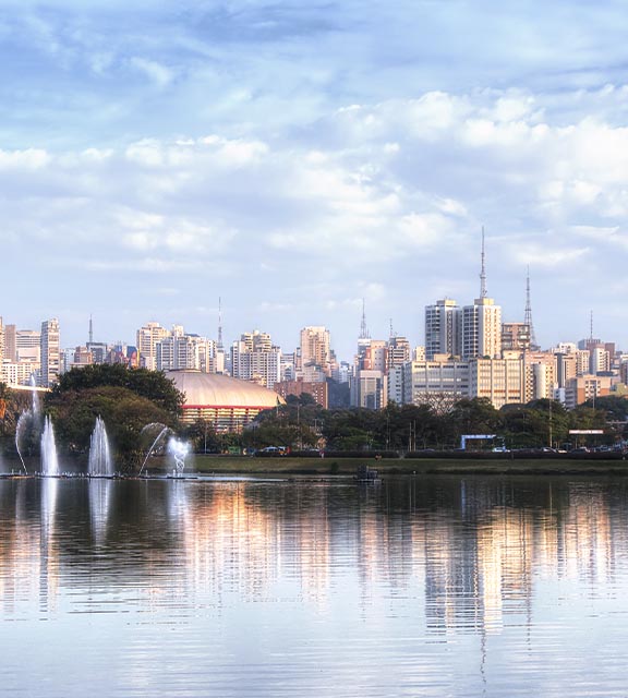 A view of the São Paulo skyline from a park, with a pond and a water fountain in the foreground.