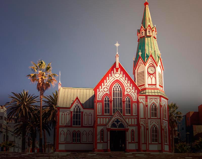 The beautiful red, white and green Saint Mark’s Cathedral in the northern Chilean city of Arica.