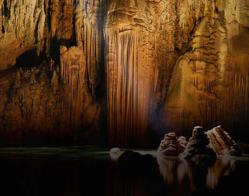 Beautiful stalactites and other formations inside the Anhumas Abyss, a cave in Bonito.