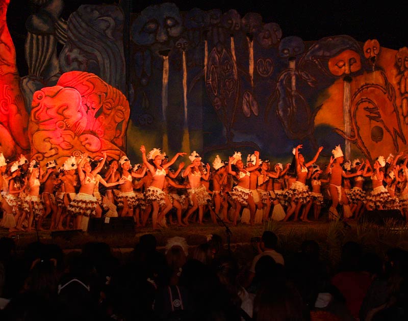 Dancers wearing traditional clothing performing at the annual Tapati Rapa Nui on Easter Island.