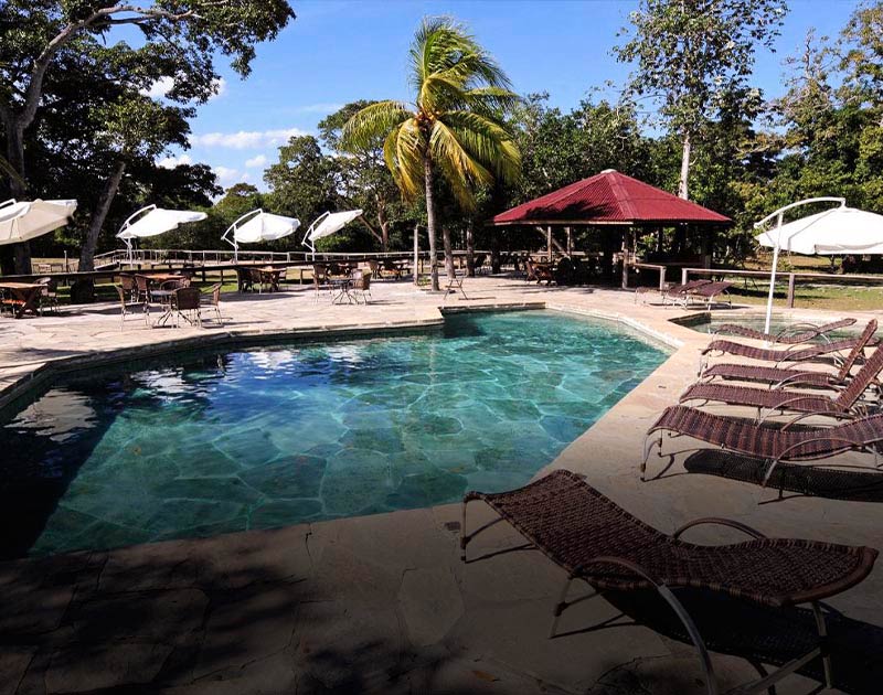 Several chaise longue pool chairs situated around a pool at the Mutum Lodge in the Pantanal.