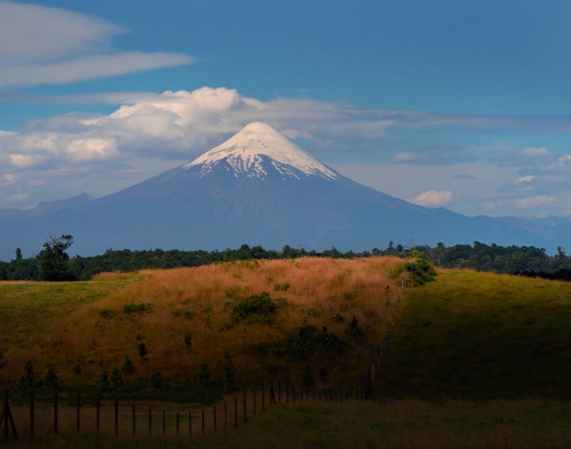 The snow-capped Osorno Volcano overlooking a forest and a grassy field near Puerto Montt.