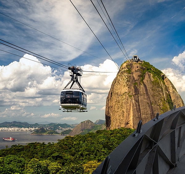 A cable car, known as a bondinho in Portuguese, returning from Rio de Janeiro's Sugarloaf Mountain.