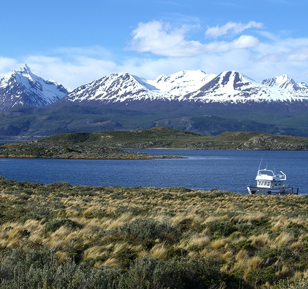 A small boat docked in Beagle Channel near the southernmost tip of South America.