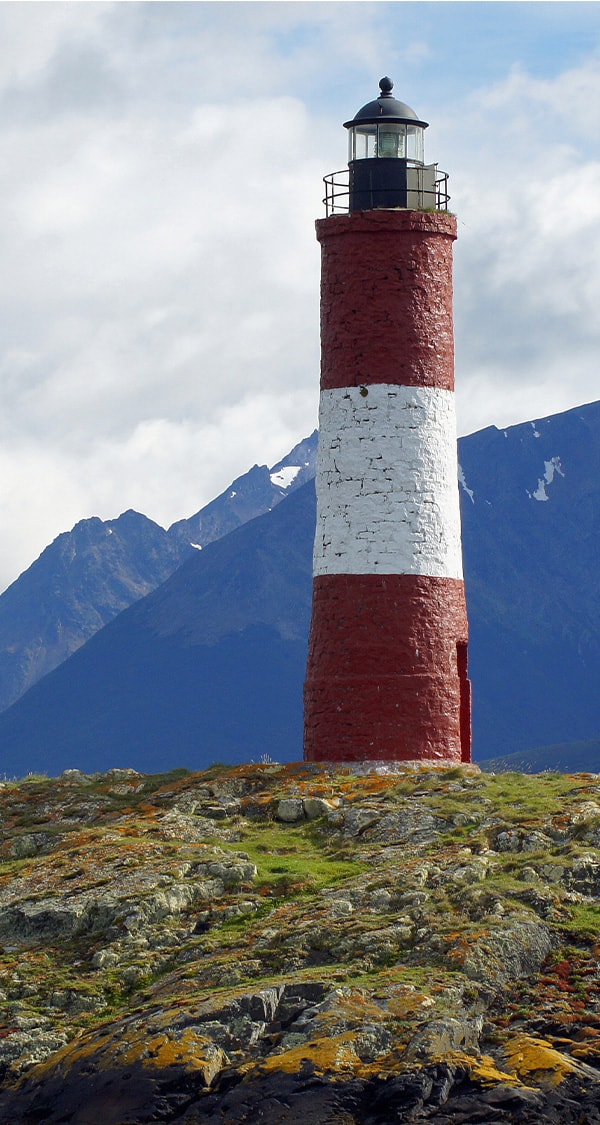 A lighthouse near the town of Ushuaia at the southernmost point of the South American continent.