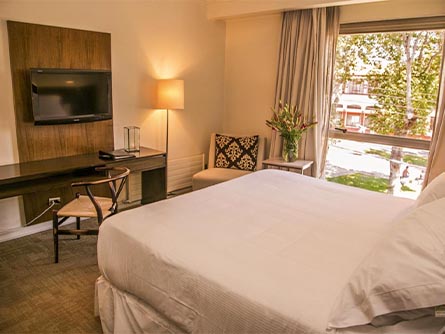 A cozy and tastefully-decorated room at the Hilton Colon, a 5-star luxury hotel in Quito.