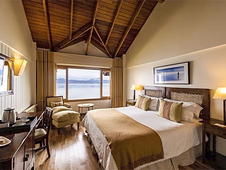 A beautiful room at the Hotel Los Cauquenes in Ushuaia with a view of the Beagle Channel.