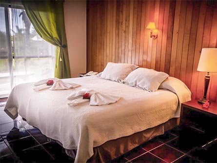 A cozy room with wood panel walls and a sliding glass door at the Hotel Otai on Easter Island.