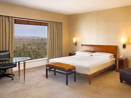 An elegant, modern room at the Hotel Park Hyatt in Mendoza, with a beautiful view.