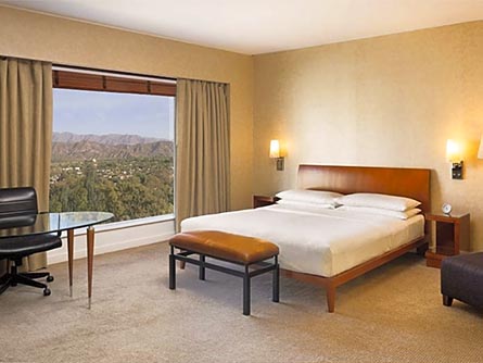 An elegant, modern room at the Hotel Park Hyatt in Mendoza, with a beautiful view.