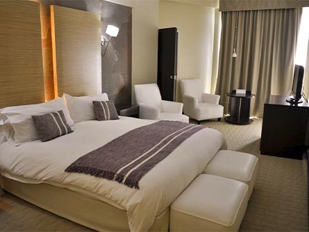 A stylish room featuring modern decor and furniture at the Rayentray Hotel in Puerto Madryn.