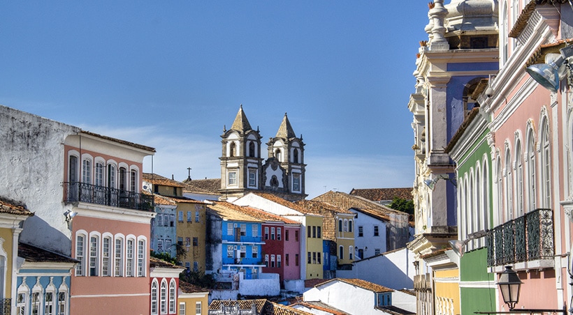 Historic buildings of Salvador de Bahia, beautifully painted in various pastel colors.