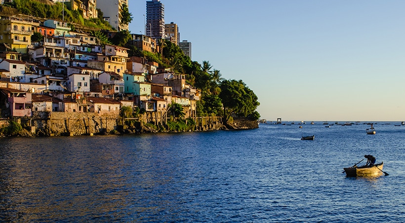 Rowboats in the water overlooked by houses and trees lining the coast of Salvador de Bahia.