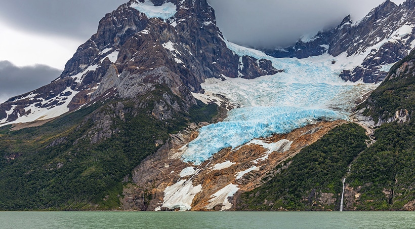 The spectacular Balmaceda Glacier, a hanging glacier situated between two mountain peaks.
