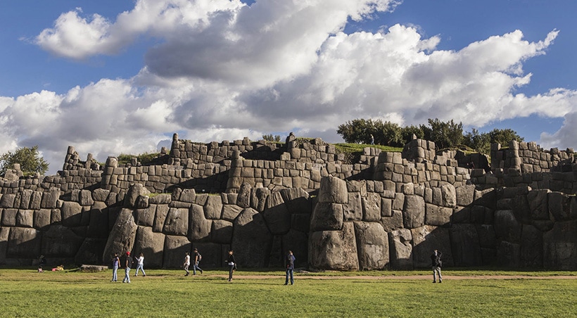 Massive stone walls at the ruins of Sacsayhuamán, an Inca fortress overlooking the city of Cusco.