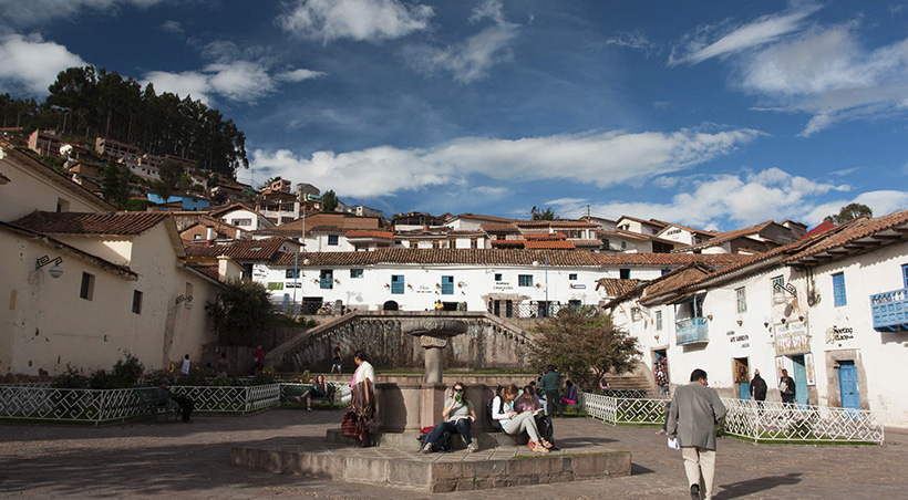 Tourists and locals in Plaza San Blas, the main square of Cusco's bohemian neighborhood of San Blas.