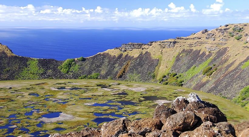 A scenic landscape found on Easter Island, a remote Polynesian island in the middle of the Pacific.