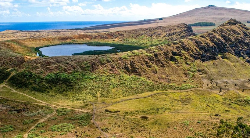 A crater lake in the Rano Raraku volcano located on Chile's Easter Island, also known as Rapa Nui.
