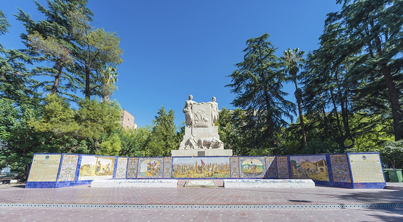 A monument in Plaza España, a beautiful park in Mendoza modeled after a traditional Spanish plaza.