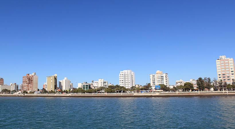 A portion of the Puerto Madryn skyline as seen from the nearby Golfo Nuevo in Argentina Patagonia.