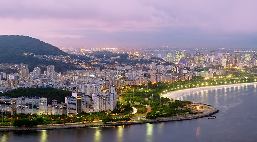 Night falling over the city of Rio de Janeiro, Brazil's most important tourist destination.