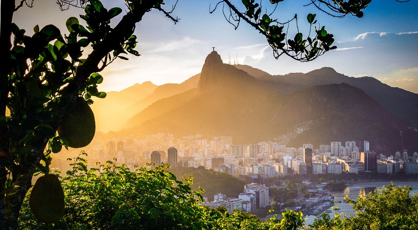 A morning view of the Rio de Janeiro cityscape and the famous Christ the Redeemer statue.