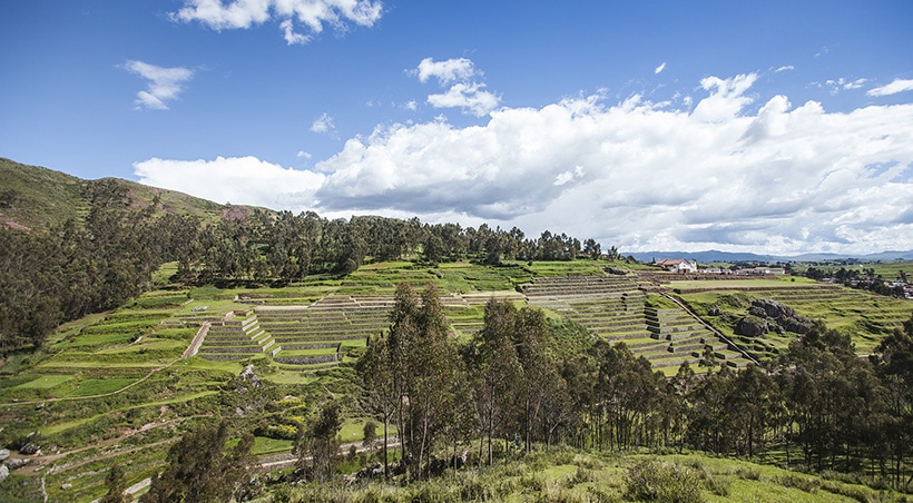 The Inca archaeological site of Chinchero and its numerous agricultural terraces.