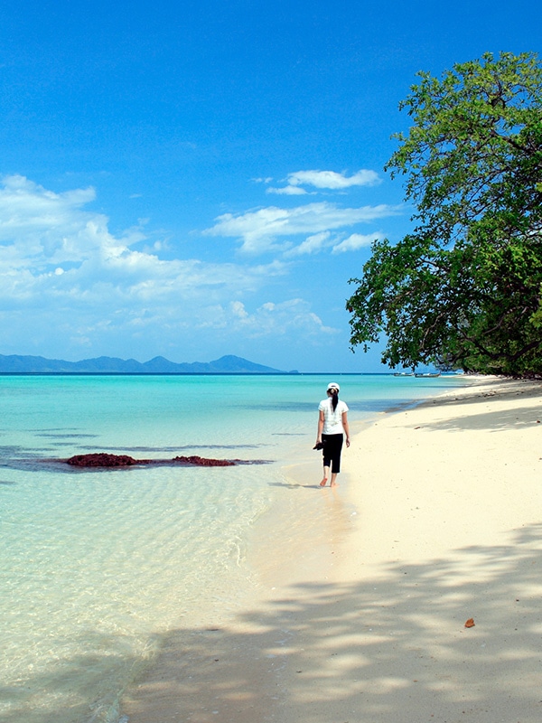 A visitor walks along a picturesque beach with stunning blue water and tropical trees in Búzios.