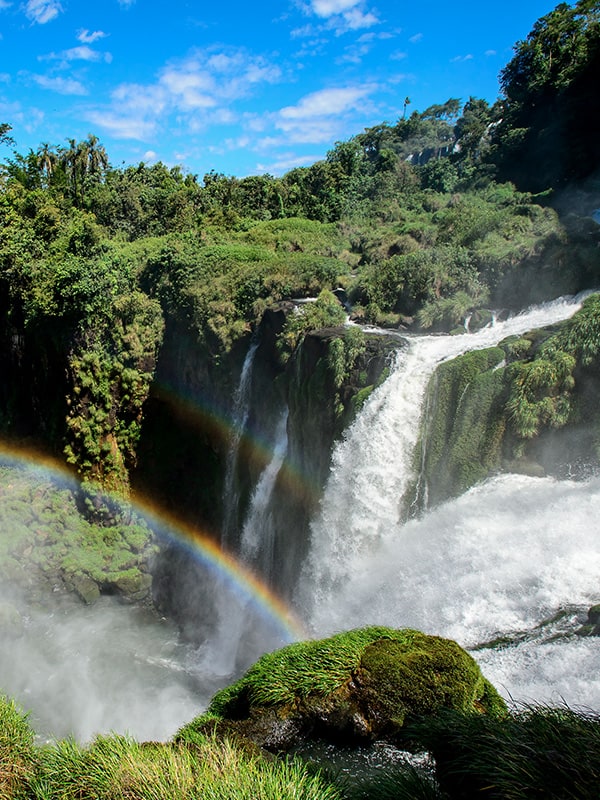 A double rainbow amidst the lush jungle greenery and rushing waters of Iguazu Falls.