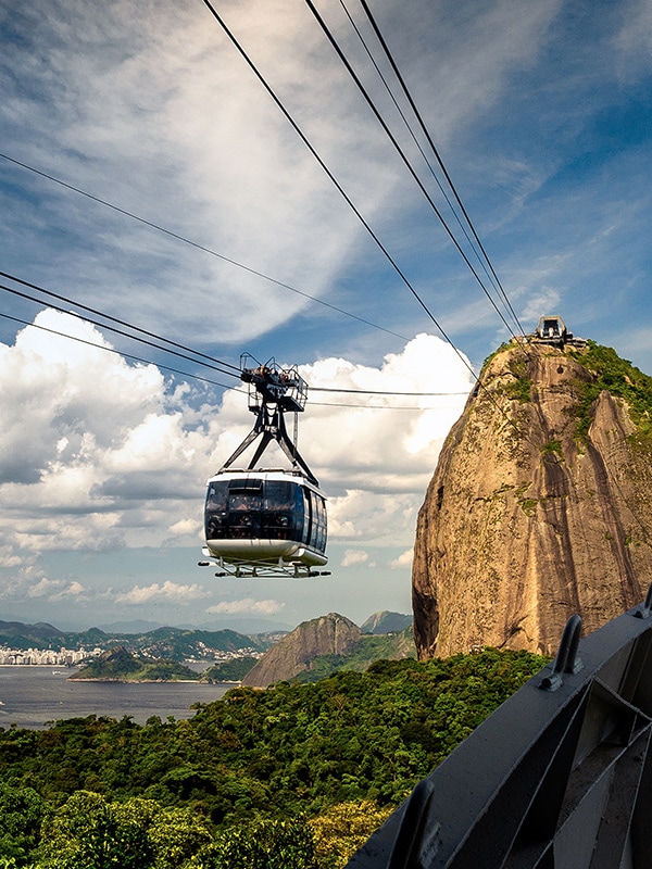 A cable car, known as a bondinho in Portuguese, returning from Rio de Janeiro's Sugarloaf Mountain.