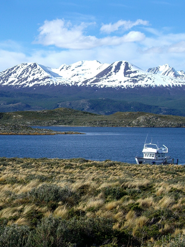 A small boat docked in Beagle Channel near the southernmost tip of South America.