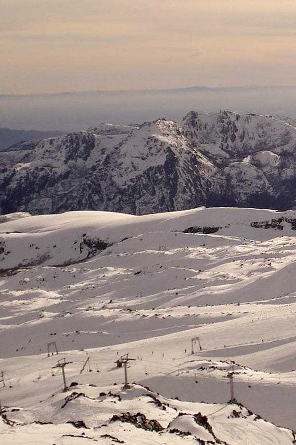 Snow-covered ski slopes in Chillan, one of South America's best ski resort towns.