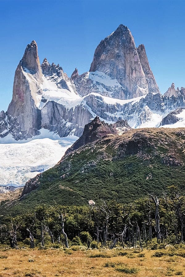 Jagged mountain peaks covered with snow in Argentina's Los Glaciares National Park.